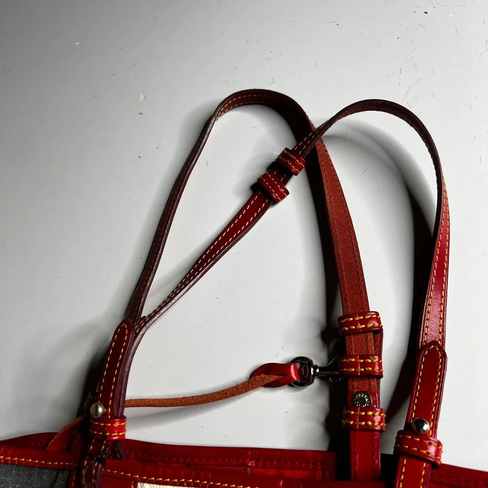 Dooney & Bourke Zebra Print Canvas Tote Bag Red Leather Trim Brown Suede Base